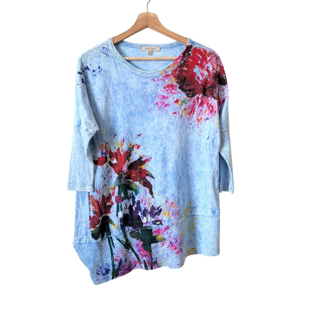 Jess & Jane Blue Mineral Wash Floral Art to Wear Tunic Top Made USA M Dopamine
